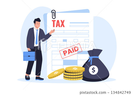 Illustration of Businessman with Money Bag and Paid Tax Document Illustration of Businessman with Money Bag and Paid Tax Document 134842749