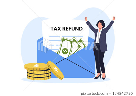 Illustration of Happy Businesswoman Celebrating Receiving Tax Refund Money Envelope Illustration of Happy Businesswoman Celebrating Receiving Tax Refund Money Envelope 134842750