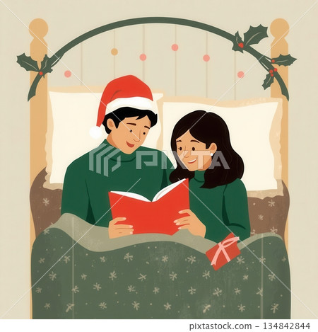 Happy Couple Reading a Book in Bed on Christmas Eve with Holiday Decorations and Cozy Winter Atmosphere Happy Couple Reading a Book in Bed on Christmas Eve with Holiday Decorations and Cozy Winter Atmosphere 134842844