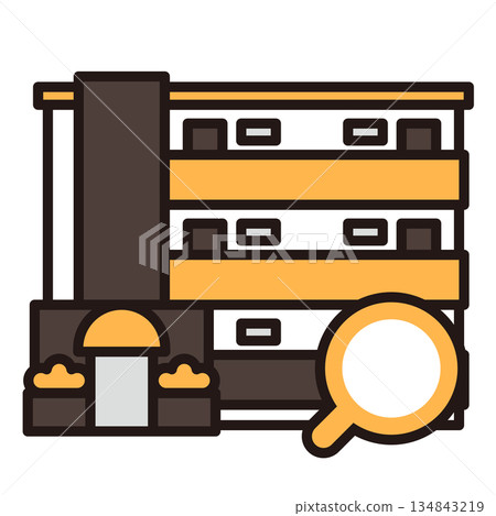 Simple apartment icon + magnifying glass 134843219