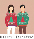 Man and Woman Wearing Matching Christmas Sweaters with Tree Pattern in Flat Winter Holiday Illustration Style 134843558