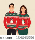 Smiling Couple Wearing Matching Red and Green Christmas Sweaters with Snowman Pattern in Flat Winter Illustration Style 134843559