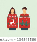 Man and Woman Wearing Matching Red Christmas Sweaters with Reindeer and Tree Patterns in Flat Winter Illustration Style 134843560