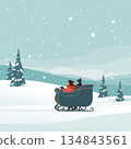 Couple Riding Sleigh Through Snowy Winter Landscape with Pine Trees and Falling Snow in Flat Illustration Style 134843561