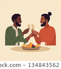Happy Couple Toasting with Champagne Glasses During Dinner Celebration in Flat Cartoon Illustration Style 134843562