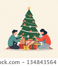 Couple Sitting Near Christmas Tree Exchanging Gifts and Celebrating Holiday in Cozy Festive Atmosphere 134843564
