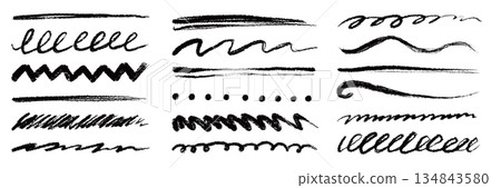Hand drawn brush strokes and sketch marker underline set. Textured chalk pencil marks, crayon scribbles, scratch paint lines. Crayon grunge texture brush stroke highlight shapes. Vector Hand drawn brush strokes and sketch marker underline set. Textured chalk pencil marks, crayon scribbles, scratch paint lines. Crayon grunge texture brush stroke highlight shapes. Vector 134843580