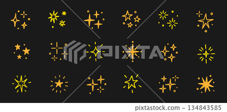 Hand drawn star background element line icon set. Cute gold star shape twinkle glitter spark shine crayon texture brush icon. Hand drawn sketch doodle. Yellow chalk decoration vector 134843585