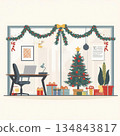 Modern Office Interior Decorated with Christmas Tree, Gifts, and Garland for Holiday Celebration in Flat Cartoon Style  134843817