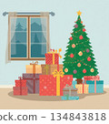 Beautiful Christmas Tree with Colorful Gift Boxes and Decorations in Cozy Living Room Interior 134843818