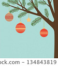 Christmas Tree Branch with Hanging Red Ornaments and Star Decoration in Minimal Flat Illustration Style on Blue Background 134843819