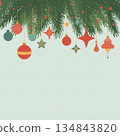 Christmas Tree Branch with Hanging Ornaments and Baubles in Flat Minimal Illustration Style on Light Background 134843820