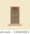 Brown Wooden Door with Green Christmas Wreath and Red Bow Hanging for Holiday Decoration in Flat Minimal Illustration Style 134843821