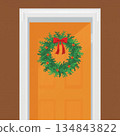 Green Christmas Wreath with Red Bow Hanging on Orange Door in Flat Minimal Illustration Style for Holiday Decoration 134843822