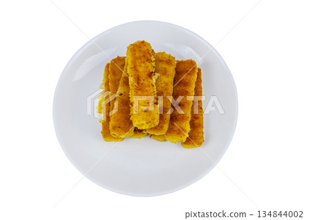 Fried fish fingers on a plate isolated on white background 134844002