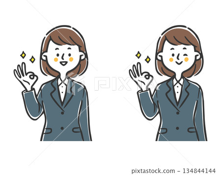 女性上班族做出OK手勢，上半身，向量圖 134844144