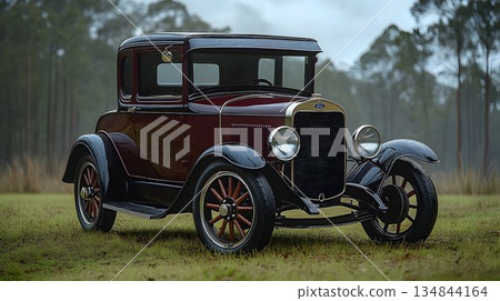 Maroon Ford Coupe with Wooden Spoke Wheels on Grassy Field, Clou 134844164