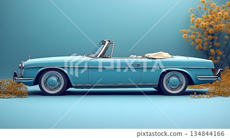 Turquoise Classic Convertible Car with Yellow Floral Accents and 134844166