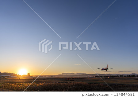 黃昏時分的仙台機場,飛機降落,宮城縣名取市 黃昏時分的仙台機場,飛機降落,宮城縣名取市 134844581