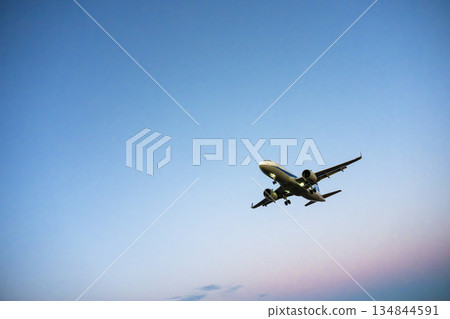 Sendai Airport at dusk, airplane landing, Natori City, Miyagi Prefecture 134844591