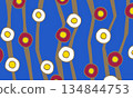 Red and white camellia on a blue background with main lines 134844753