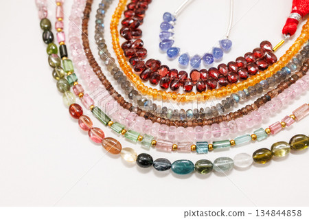 Natural stone beads, assorted, colorful, gemstone material, handmade, background material 134844858