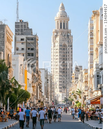 Bustling Street Scene in a City with Damaged Buildings 134844917