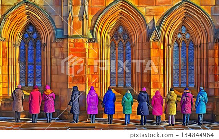 Colorful Coats Before Stained Glass: A Row of Onlookers at a Got Colorful Coats Before Stained Glass: A Row of Onlookers at a Got 134844964