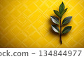 Green Leaf Branch on Geometric Yellow Background, Minimalist Sti 134844977