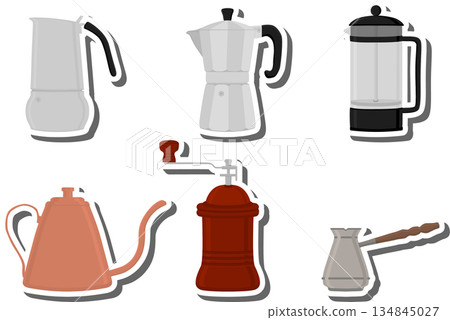 big colored set different types maker kettle 134845027