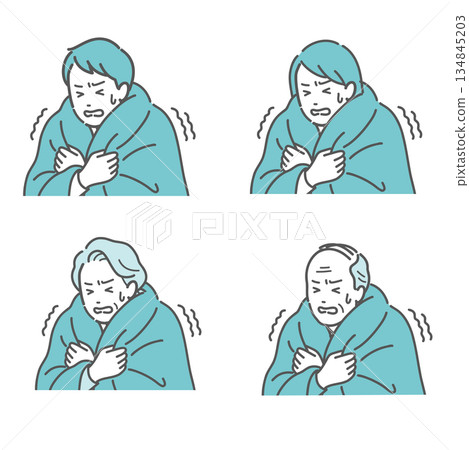 Illustration set of people shivering from the cold (men, women, elderly people) Illustration set of people shivering from the cold (men, women, elderly people) 134845203