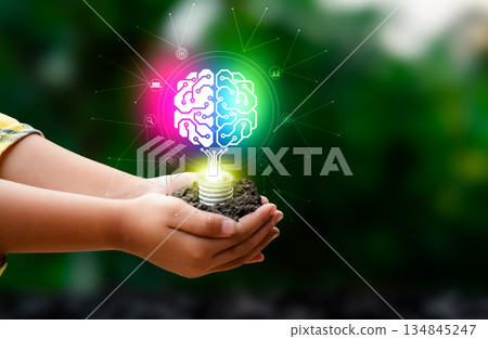 Innovation. New concept ideas with innovations hand in hand with future lamp technology and inspiration in science and communication concepts. 134845247