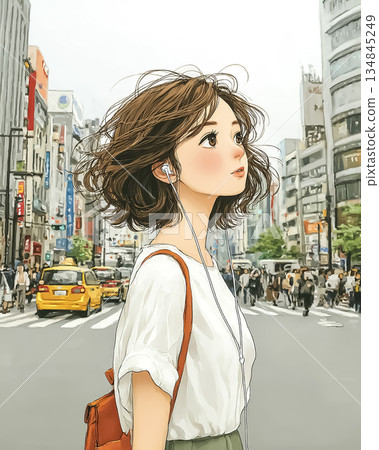 A young woman listening to music while walking through the city streets. Illustration of everyday scenes from commuting to school or going out. 134845249