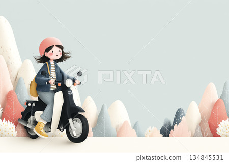 年輕女子騎著摩托車馳騁在自然中——插圖，留有文字空間 134845531