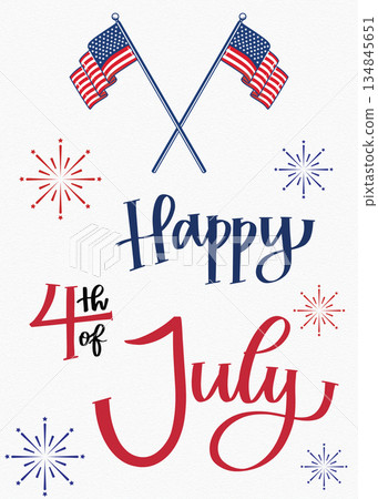 Happy Fourth of July patriotic design with flags and fireworks 134845651