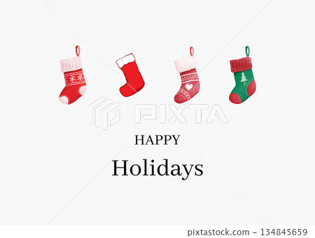 Happy Holidays with festive Christmas stockings illustration for greeting cards 134845659