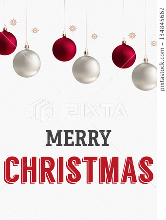 Merry Christmas holiday greeting card with hanging ornaments and snowflakes Merry Christmas holiday greeting card with hanging ornaments and snowflakes 134845662