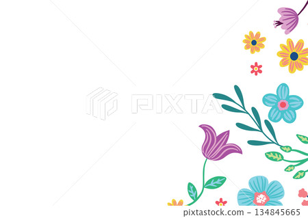 Floral design illustration with vibrant flowers and leaves on white background Floral design illustration with vibrant flowers and leaves on white background 134845665