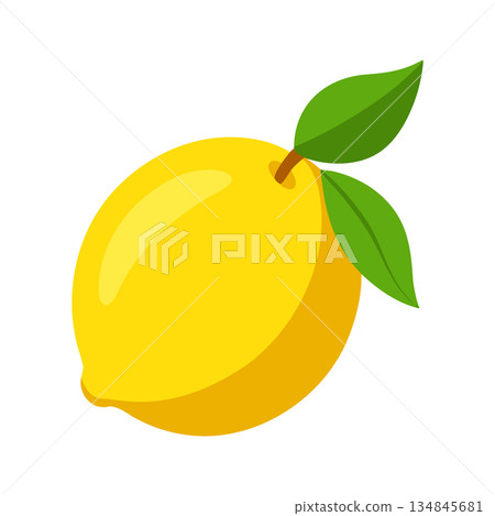 Bright yellow lemon with green leaves on a white background illustration Bright yellow lemon with green leaves on a white background illustration 134845681