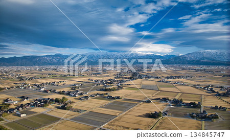 A winter view of the Kurobe River alluvial fan from the coastline of the Sea of Japan 134845747