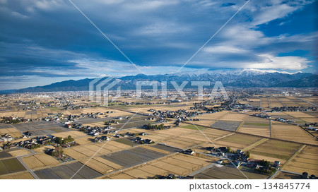 A winter view of the Kurobe River alluvial fan from the coastline of the Sea of Japan 134845774