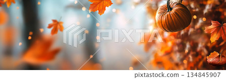 Autumn leaves, pumpkins, pies and orange hues on light background 134845907