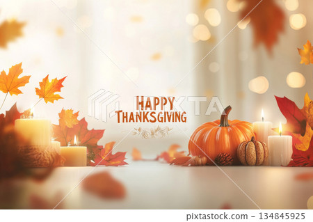 Happy thanksgiving text with pumpkins, candles, warm autumn leaves 134845925