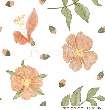 Seamless watercolor floral pattern, small peach blossoms scattered on white. Minimal botanical surface design for fashion textiles, fabric printing, packaging, stationery, modern lifestyle branding 134846060