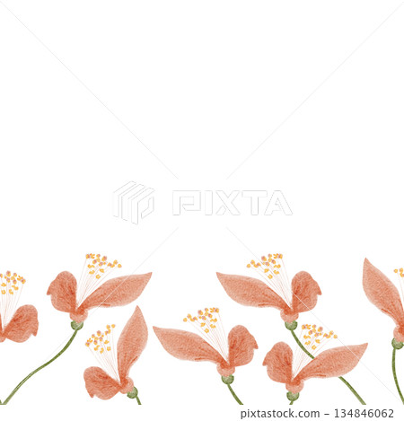 Seamless watercolor floral border, peach blossoms, delicate stems along the bottom edge on white background. Elegant botanical design for wedding stationery, invitations, packaging, textiles and decor Seamless watercolor floral border, peach blossoms, delicate stems along the bottom edge on white background. Elegant botanical design for wedding stationery, invitations, packaging, textiles and decor 134846062