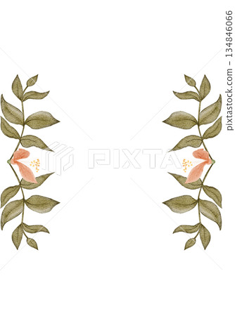 Floral frame vertical border, peach blossoms, green leaves, watercolor hand-painted illustration isolated on white, botanical design ideal for wedding stationery, invitations, greeting cards, branding Floral frame vertical border, peach blossoms, green leaves, watercolor hand-painted illustration isolated on white, botanical design ideal for wedding stationery, invitations, greeting cards, branding 134846066