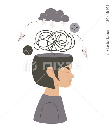 Mental Health, Confusion and Anxiety Concept. Sad Young Person Girl with Tangled Mess of Thoughts, Storm Cloud, and Sad Emotions in Mind. Flat Vector Illustration. Not AI 134846141
