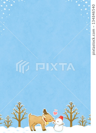 Hand-drawn reindeer and snowman snow scene postcard 134846540