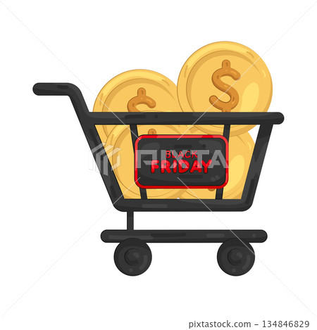 Illustration of coins in the Black Friday cart 134846829