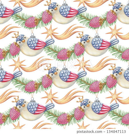Bird with star Christmas tree ornaments seamless pattern. Hand drawn watercolor spruce branch on white background creates a winter mood. Perfect for traditional textile design. Great for wrap paper. Bird with star Christmas tree ornaments seamless pattern. Hand drawn watercolor spruce branch on white background creates a winter mood. Perfect for traditional textile design. Great for wrap paper. 134847113